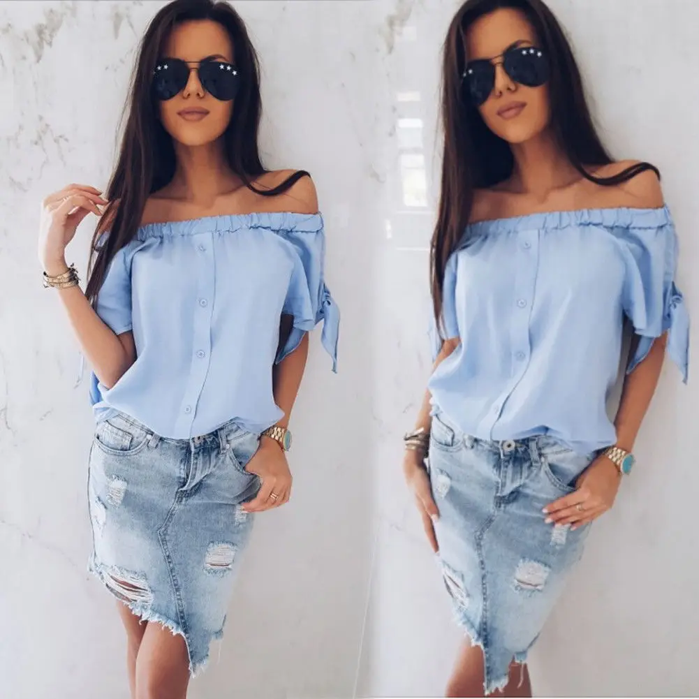 Women Fashion Summer Off Shoulder Short Sleeve Beach Casual Slash Neck Blouse |