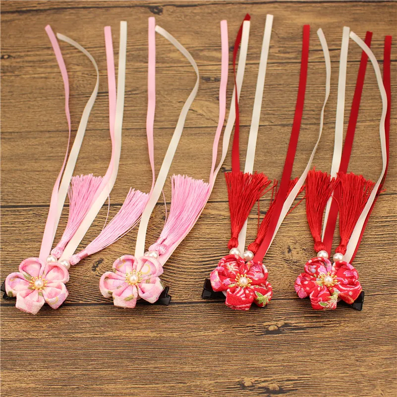 Заколки для волос Kanzashi юката ленты кисточки красные розовые девочек цветок