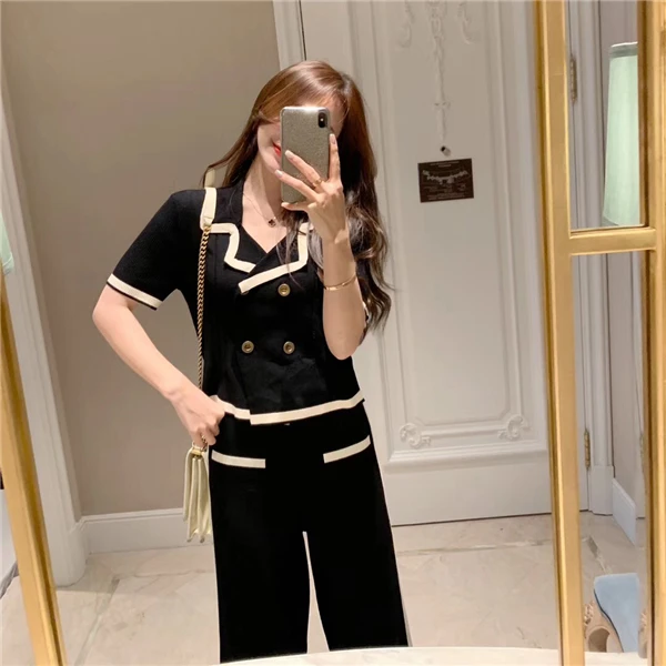 Fitaylor для женщин вязаный комплект отложной воротник короткий рукав двубортный