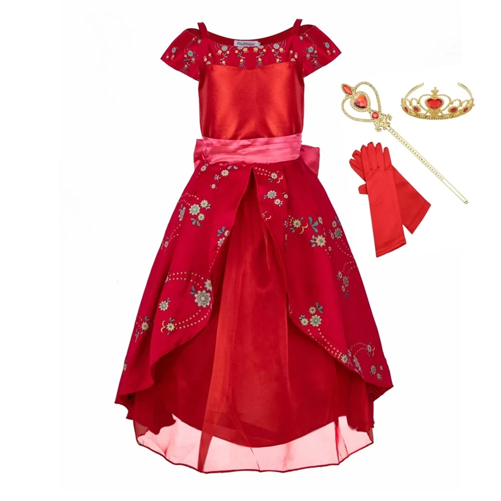 Elena 2 set FINDPITAYA девочки Белль платья Летнее платье принцессы Красота и с рисунком из мультфильма «Красавица и Чудовище» Косплэй костюм вечернее изящное платье с оборкой по низу с пятью АКС - Цвет: Elena 2 set
