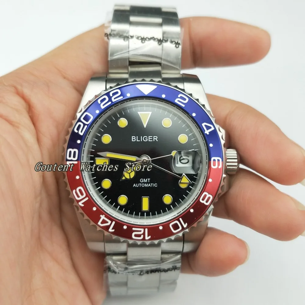 40 мм Bliger сапфировое стекло черный циферблат Luminou Hands GMT автоматические мужские