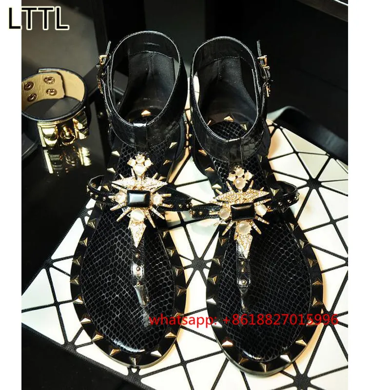 Lttl 2017 новый кожаный печати женщин флип-флоп сандалии роскошный горный хрусталь