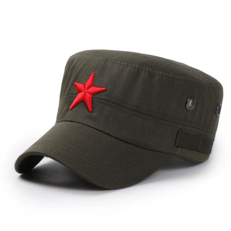 

2017 new 3D Red Star Embroidery Bone Cap Black Army Green Flat Top Hats for Men Women Army Gorras Boina Outdoor Sun Hat