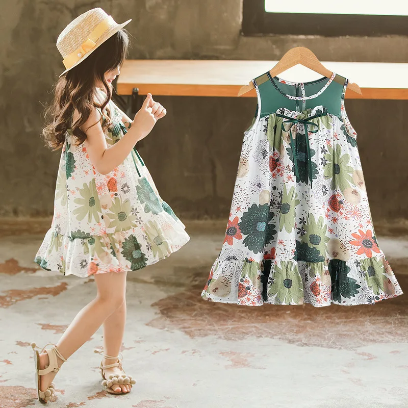Girls Dress 2018 Summer Baby Clothes Lace Flower Print Princess Kid 4-9T green | Детская одежда и обувь