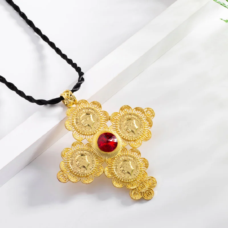 Shamty Big Size Ethiopian Cross Coins Pendant Rope Chain Women Necklace Gold Color Fashion Jewelry African Wedding Gift D30066 | Украшения