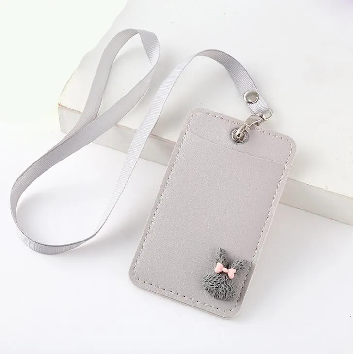grey rabbit Милый мультяшный карамельный цвет из искусственной кожи держатель для карт со шнурком Кролик для девочек Kawaii автобус Чехол для карт значок кредитный держатель для карт s Обложка - Цвет: grey rabbit