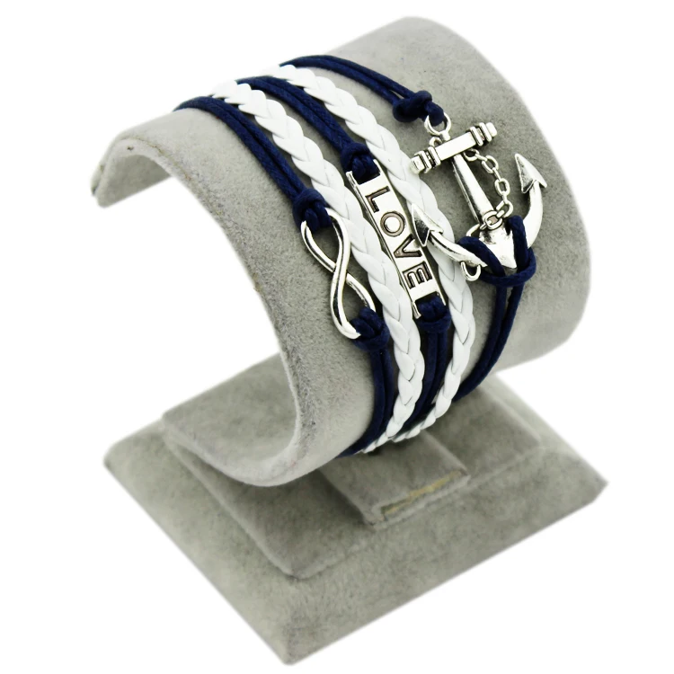 Handmade Braided PU Multilayer Sky Blue Leather Rope LOVE Anchor Infinity Fashion Women Dress Jewelry Vintage Alloy Bracelet | Украшения и