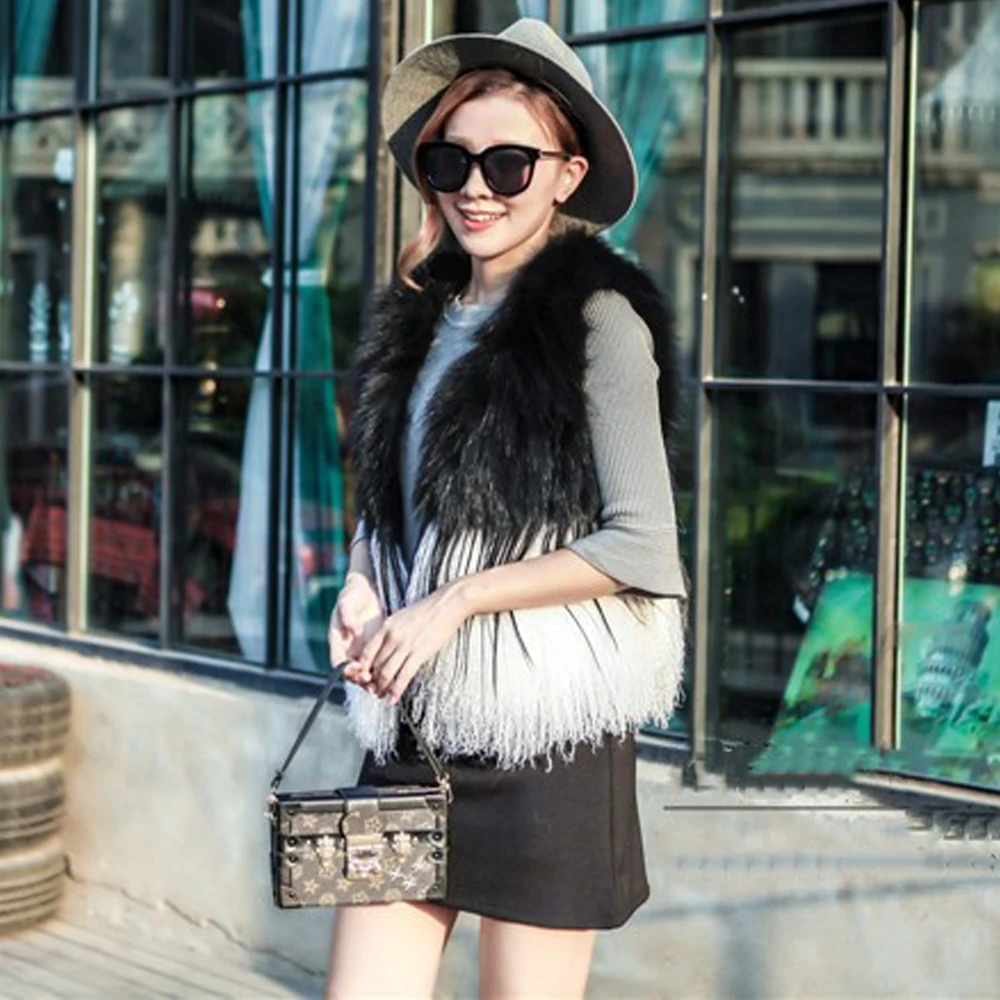 Натуральный мех енота Жилеты Пальто короткий жилет Повседневная