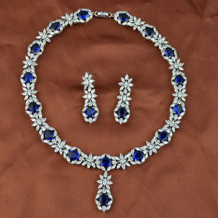 New arrival fashion luxury blue/green/red/white zircon necklace earring jewelry set high quality party/wedding for women | Украшения и