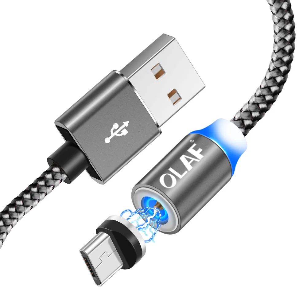 Олаф Магнитный Кабель нейлон Быстрая зарядка Магнитный Micro USB кабель для samsung Xiaomi Huawei HTC LG Microusb кабель мобильного телефона - Цвет: Серый