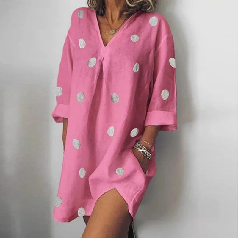 Women Irregular Linen Cotton Summer Dress 2020 Half Sleeve Mini Casual Dot Print V Neck Shirt 5XL | Женская одежда