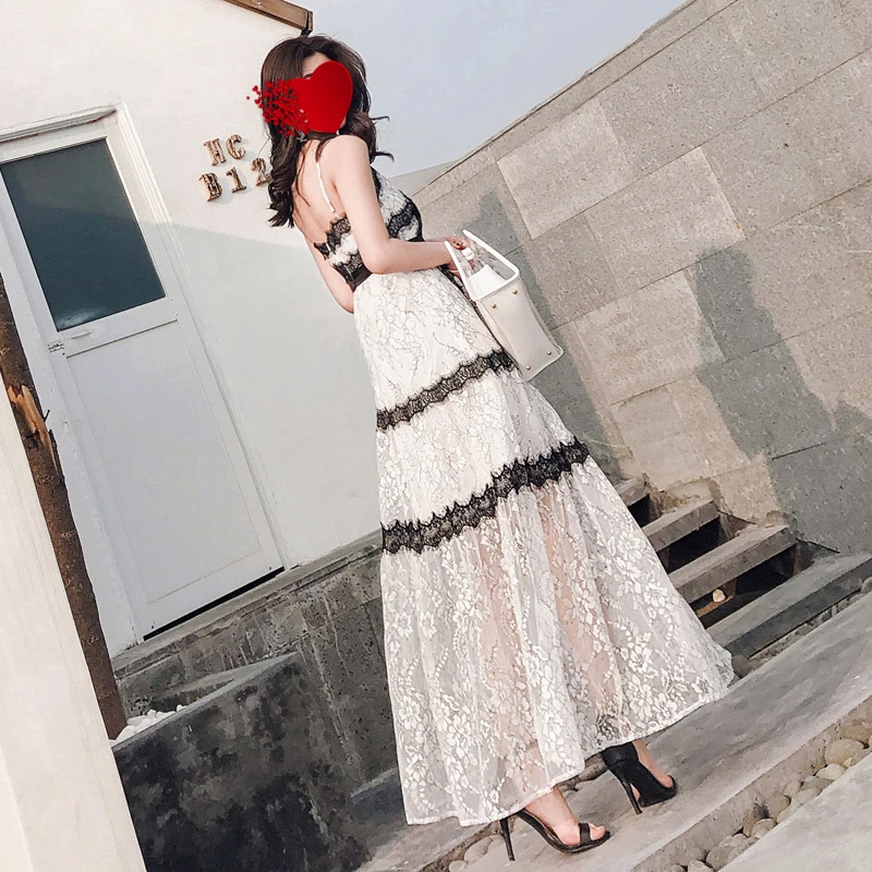 

Bqueen Summer Sexy Strap Long Dress 2019 Women Ankle-Length Dress White Embroidery Fashion Flower Lace Maxi Dresses