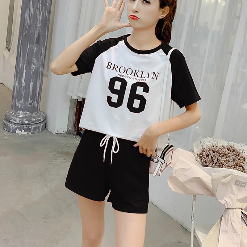 Korean 2 Piece Set Women Summer For Loose BROOKLYN 96 Letter Print T-Shirt And Elastic Hot Shorts Clothing | Женская одежда