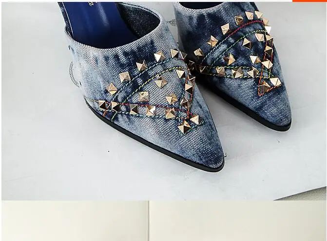 Синие джинсовые сандалии с шипами декоративная обувь на шпильке острым носком