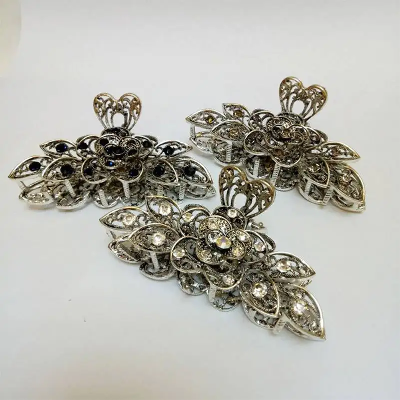 Fashion Rhinestone Crystal Flower Hair Claws Clips Clamps Accessories Retro Women Clamp Barette for bride 9*3.5cm | Украшения и