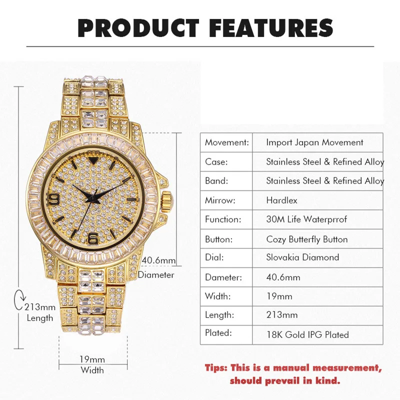 Хип хоп микро проложили AAA кубического циркония Bling Iced Out мужские золотые часы браслет звено цепи браслеты для мужчин ювелирные изделия