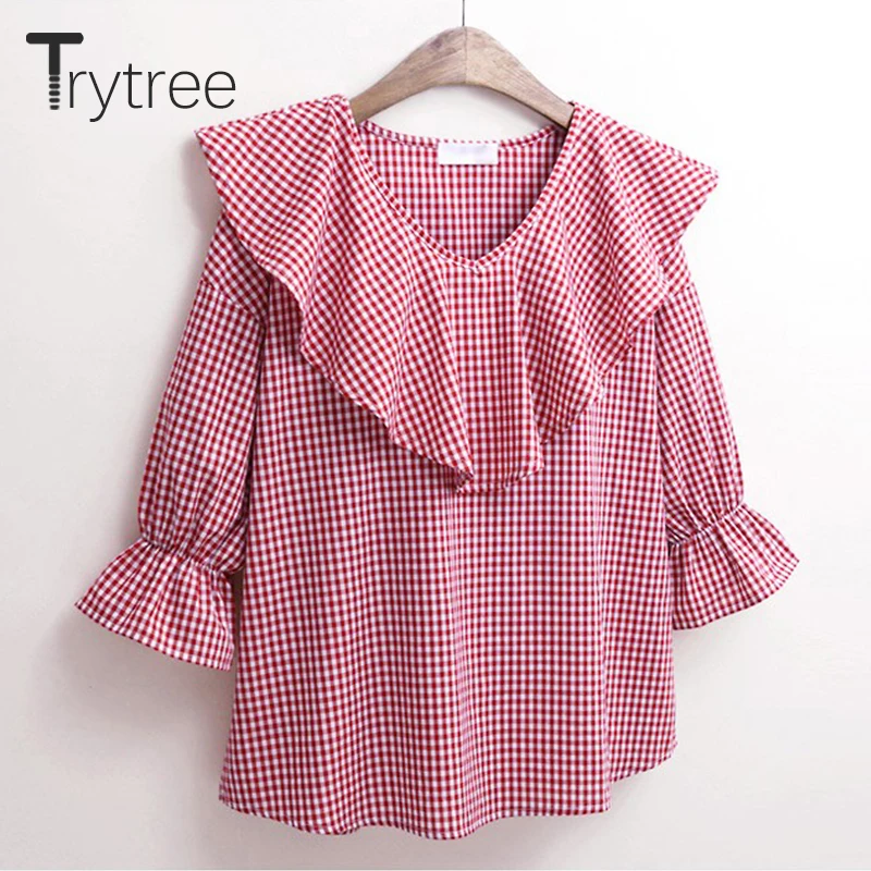 Женская клетчатая блузка Trytree черный топ с оборками Повседневная рубашка из