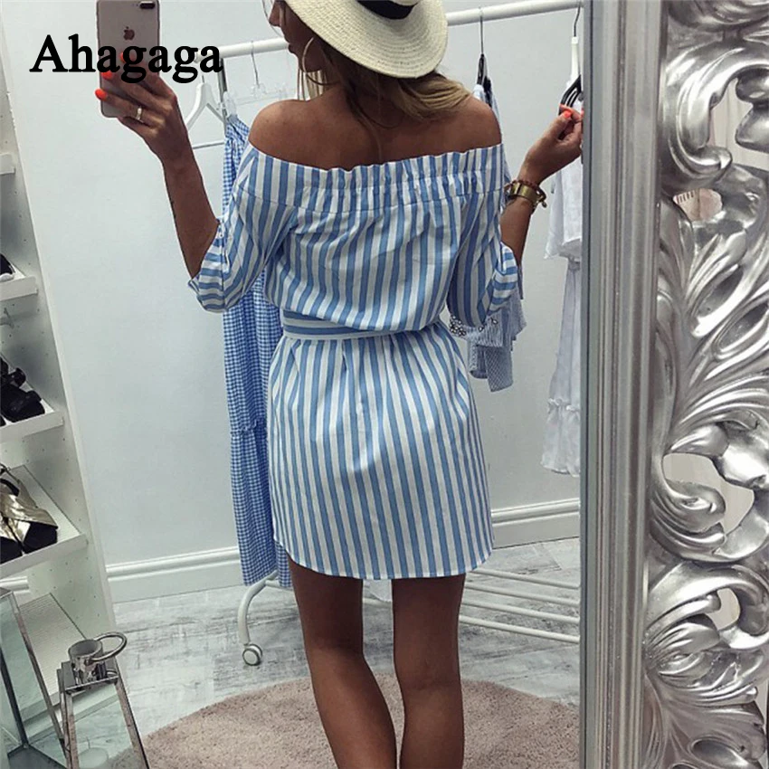 Ahagaga 2019 весеннее платье для женщин модное в полоску с вырезом лодочкой