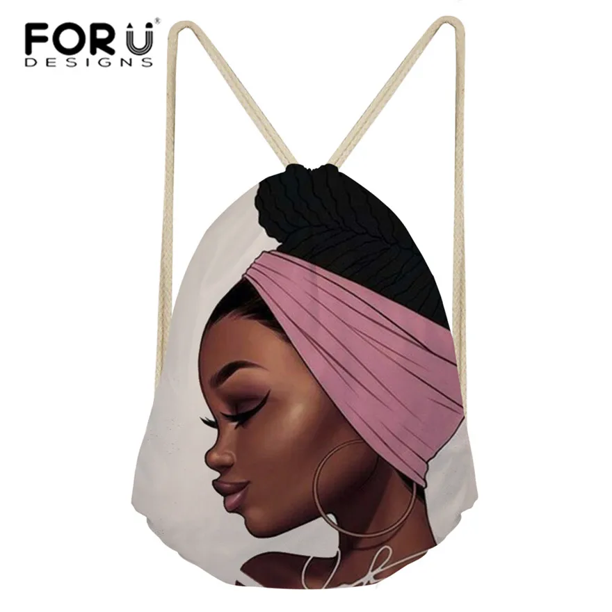 

FORUDESIGNS Black Art African Girl Printing Drawstring Bags Women Ethnic Style Beach Shoulder Bag Ladies Drawstring Bagpack 2019