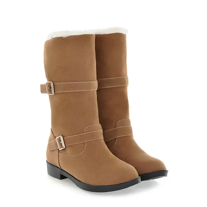 Коричневый QUTAA Scrub Fashion Round Toe Casual Mid Calf Boots Buckle Comfort Low Heel Winter Warm Fur Orange Women Shoes Size 34-40 - Цвет: Коричневый