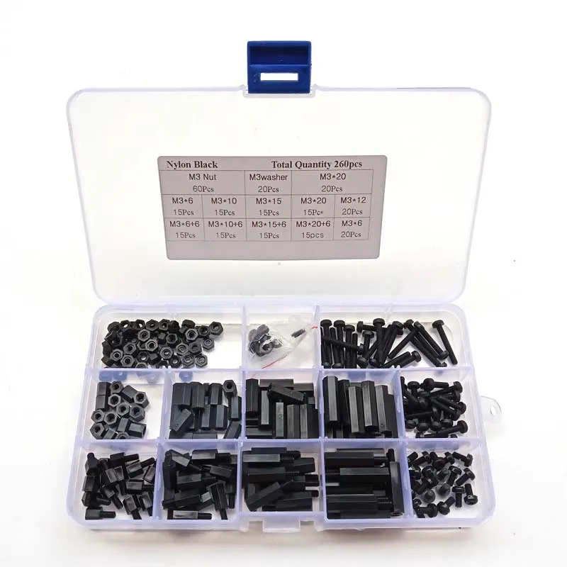 260pcs M3 Black M-F Hex series nylon screws nuts PCB board height hexagon spacer kit complete With box |
