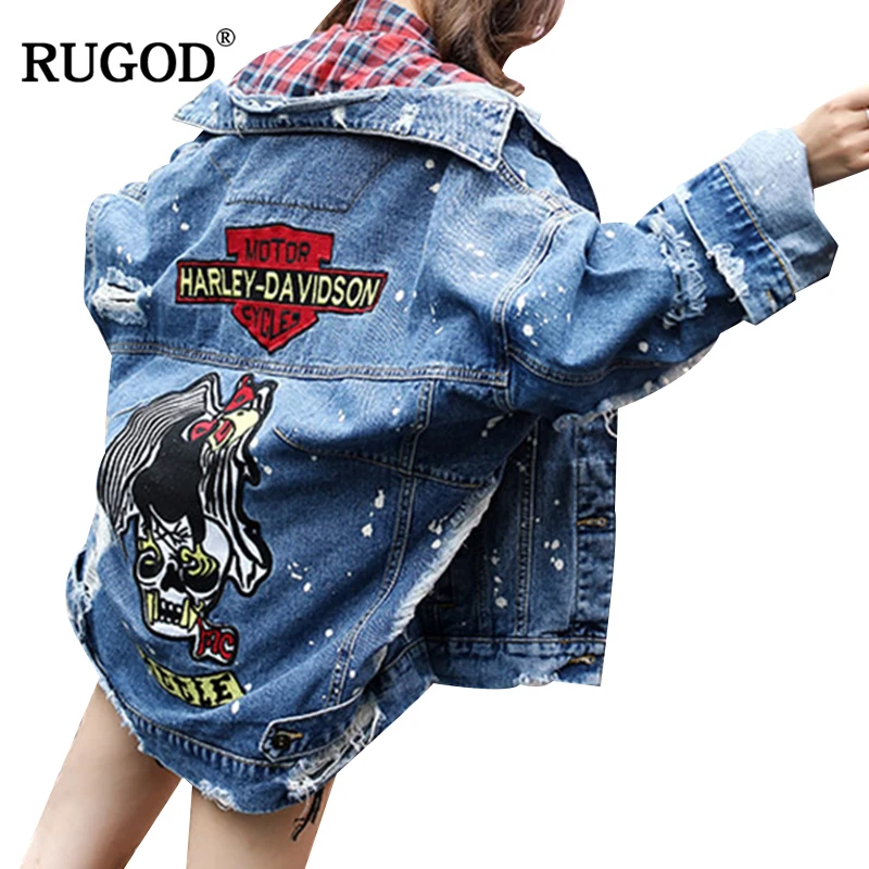 

RUGOD Vintage Fashion Skulls Jacket Coat 2019 New Female Hole Turn-down Collar Single Breasted Loose Outerwear Casaco Feminino