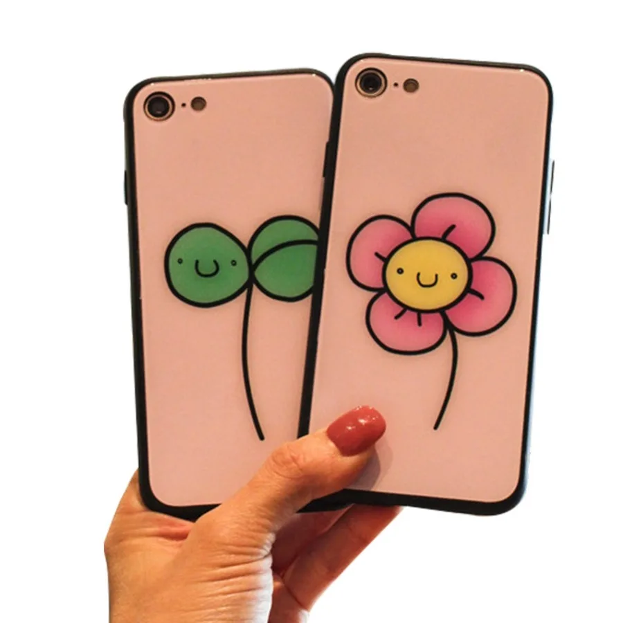 Cute Lovers Couples Tempered Glass Case for iPhone X XS Max XR 7 8 Plus Painted Flower Grass Pattern Soft TPU Cover Back |