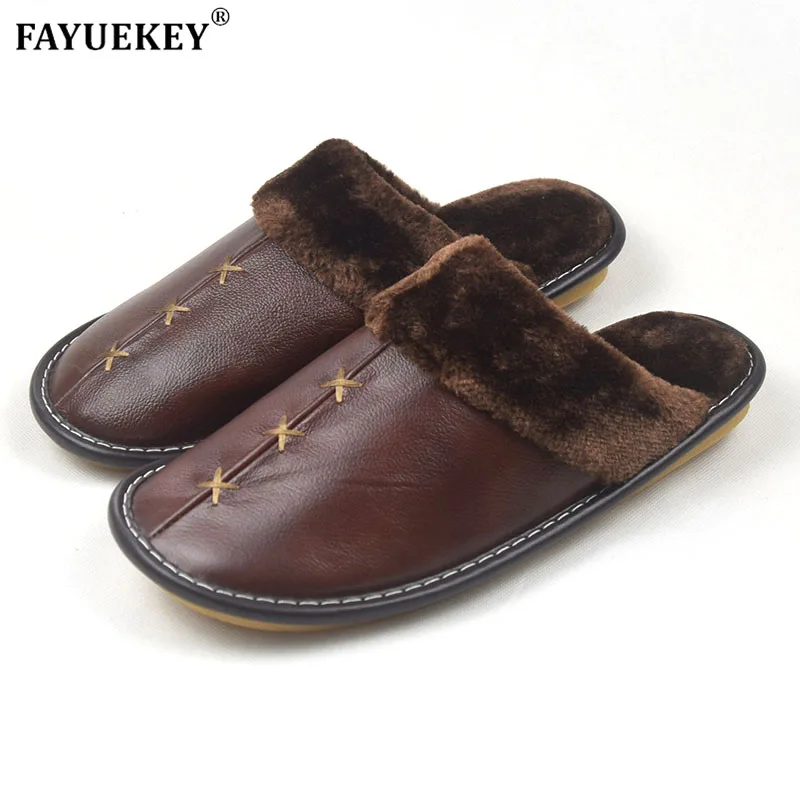 FAYUEKEY 2018 New Winter Genuine Leather Home Slippers Lovers Indoor Floor Outdoor Slippers Warm Cotton Plush Flat Shoes