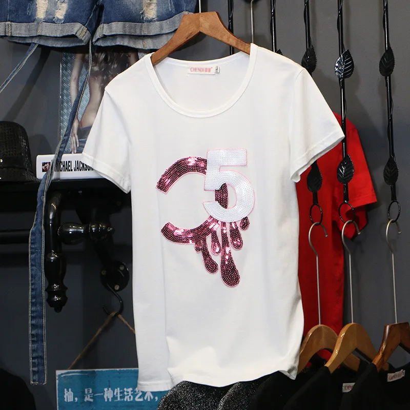 Donna fashion, новинка, летняя Женская свободная футболка, расшитая блестками, буквенный принт, короткий рукав, повседневная, размера плюс, белая футболка C1078