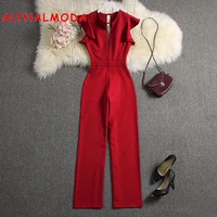 alphalmoda 2019 summer women deep v neck sexy jumpsuits solid color straight full length pants ladies party overall outfit