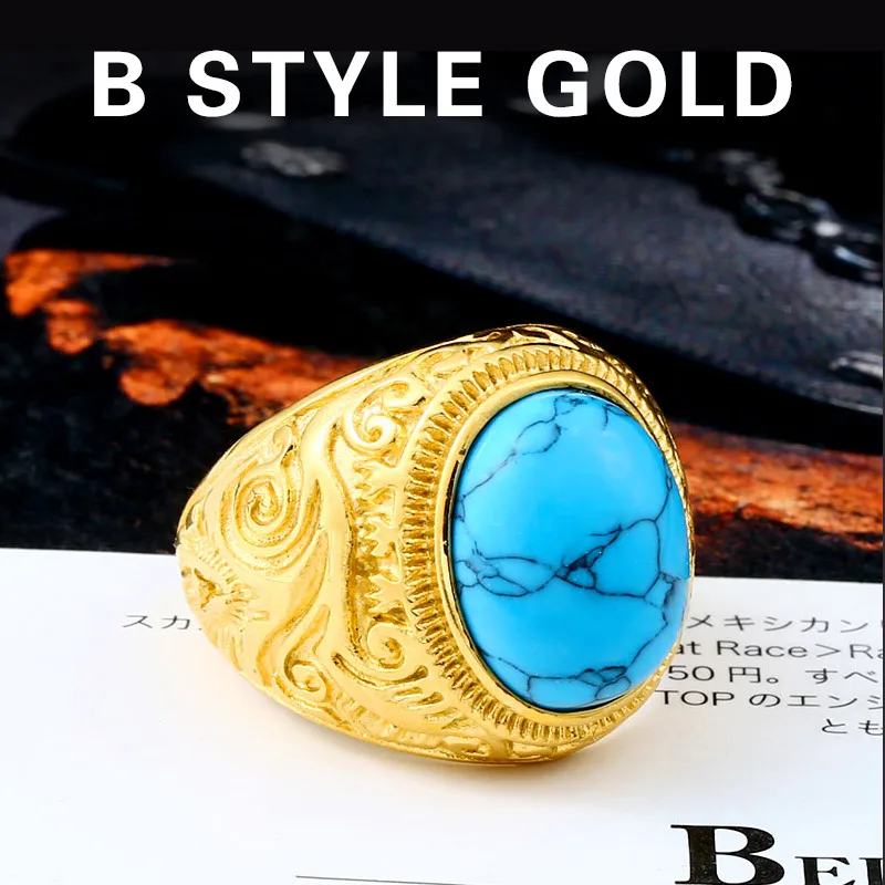 gold Beier 316L Stainless Steel Natural Oval Opal Green Stone Ring Vintage Nobel Palace Product For Woman Man LR633 - Цвет основного камня: gold