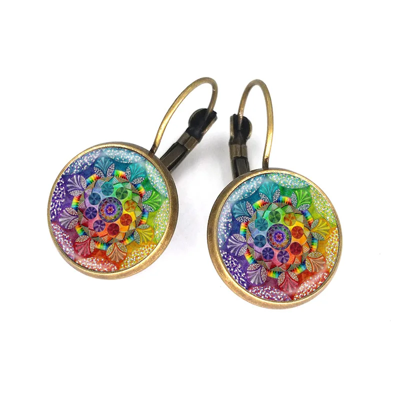 Стеклянные серьги кабошон 16 мм мандала яркий символ Женская драгоценность 1