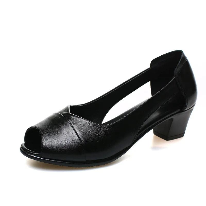 Black OUKAHUI Summer Genuine Leather Comfortable Ladies Mid Heel Sandals Women Shoes Hollow Peep Toe Square Heel Sandals Woman Black - Цвет: Black