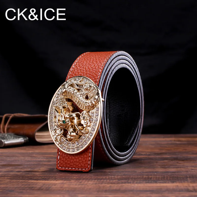 CK&ampICE Casual belt men women fancy vintage Chinese Dragon Cowskin Waistband smooth button Waist Strap luxury genuine leather |