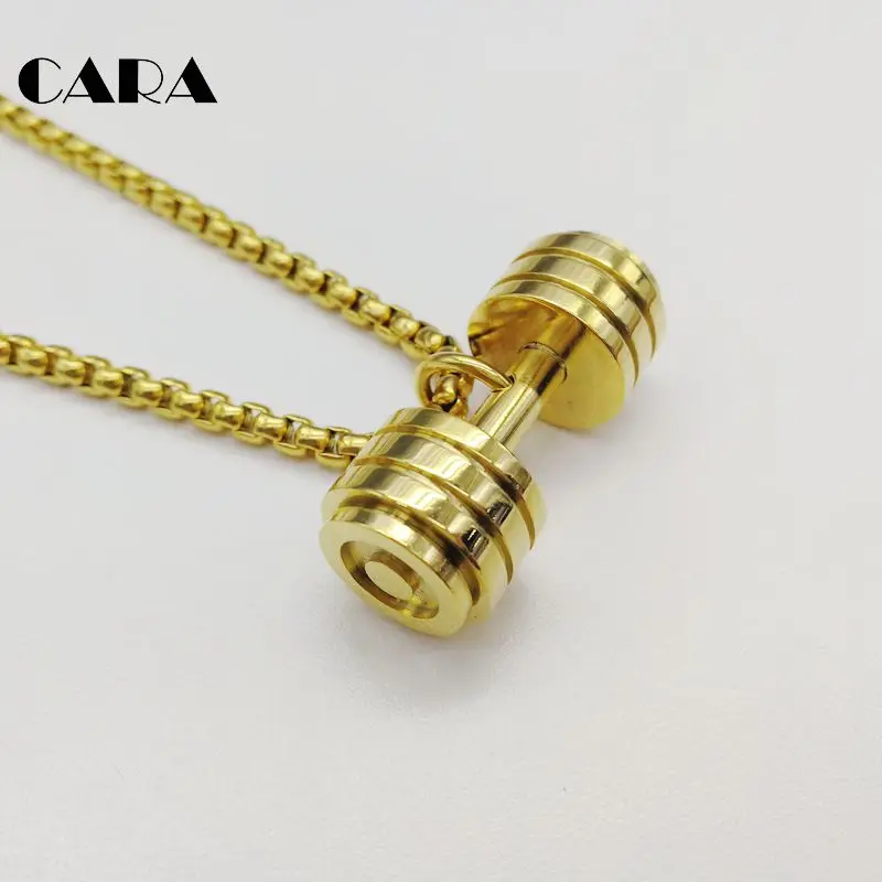 men fitness dumbell charm necklace gold color 70cm chain 316L stainless steel hip hop necklace jewelry pendant CAGF0221