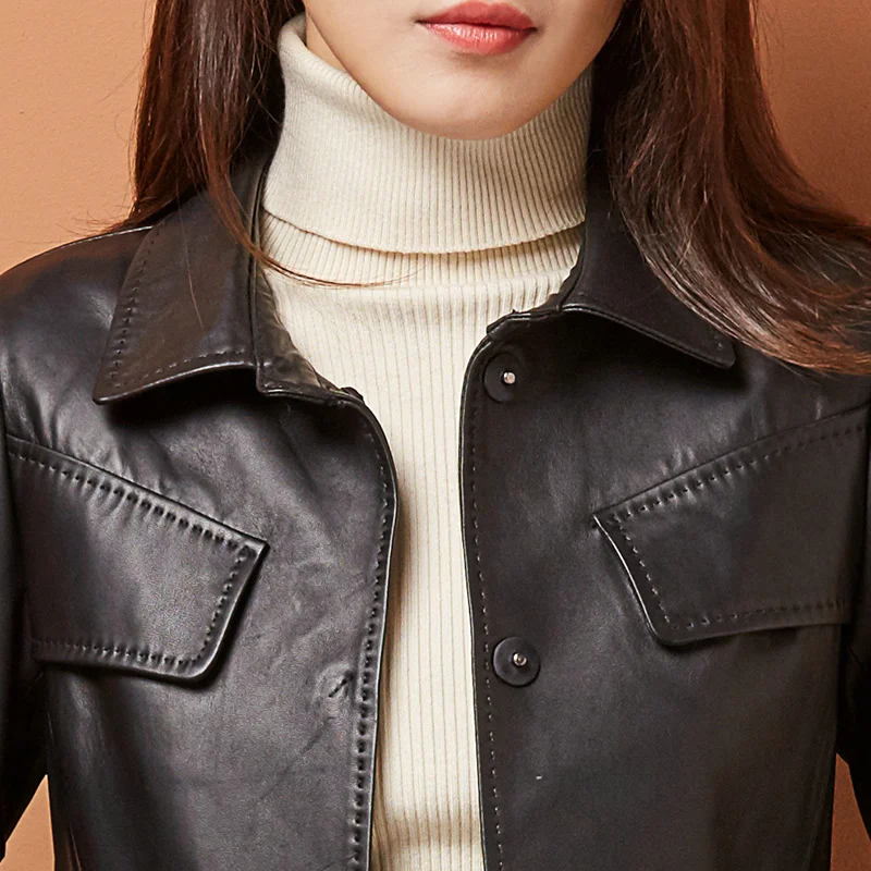 Женская длинная приталенная куртка пальто из натуральной овечьей кожи большого