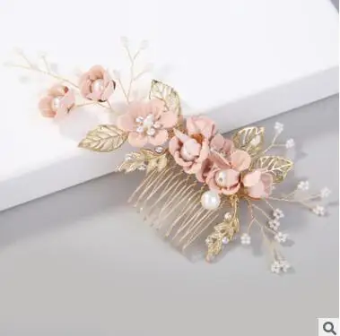 Pink 4 KMVEXO роскошные розовые и голубые расчески с цветами для волос, головной убор для невесты, свадебные аксессуары для волос, золотые листья, ювелирные украшения для волос, заколки для волос - Окраска металла: Pink 4