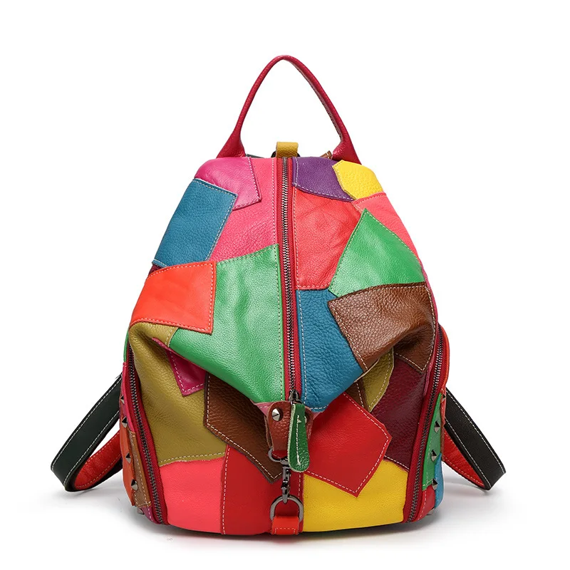 Women Genuine Leather Backpack With Soft Handle Designer High Quality Sheep Skin Patchwork Rivet Backpacks For Travel 2colors | Багаж и