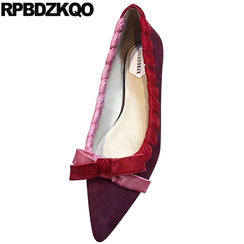 Red Wine Slip On Ladies Pointed Toe Chinese Women Flats Shoes With Little Cute Bowtie Footwear Suede Latest Designer 2021 Bow | Обувь