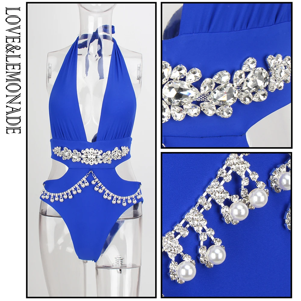 Женский облегающий костюм LOVE &amp LEMONADE синий с бахромой на плечах и глубоким