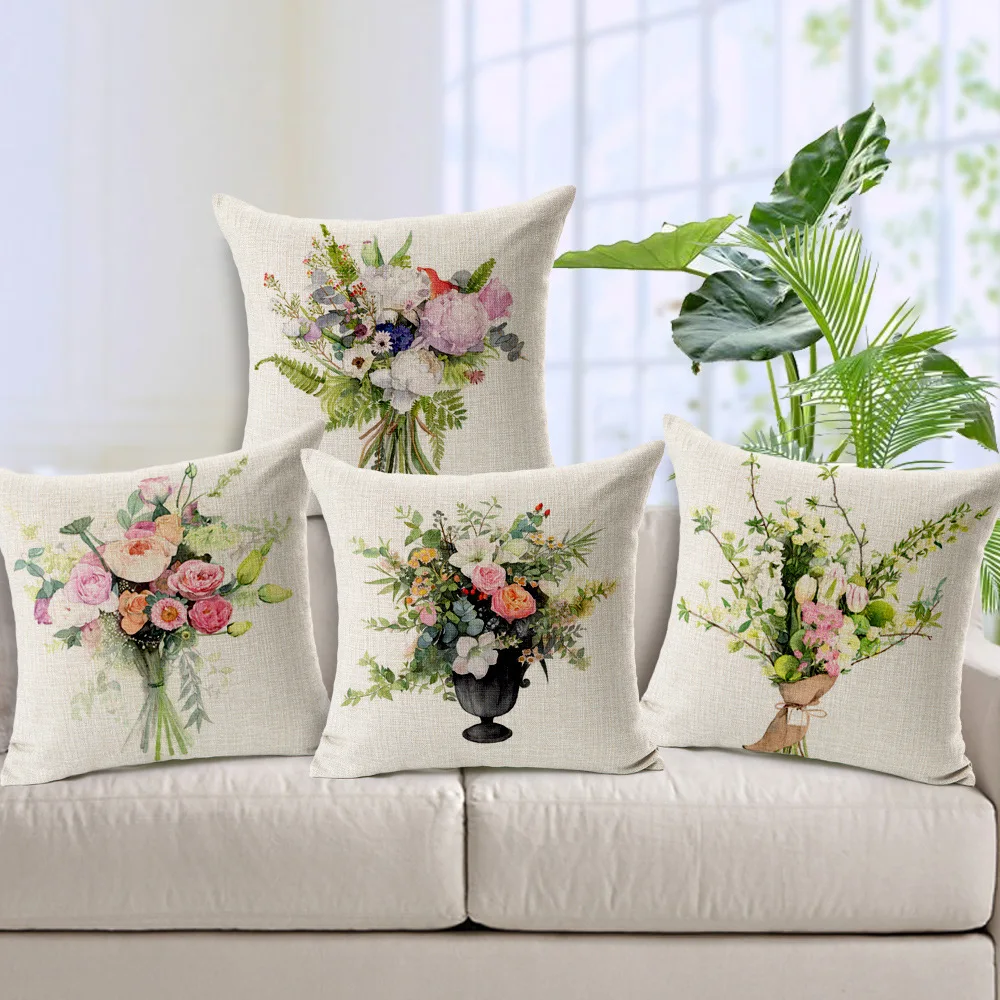 

[Slow Soul] Square Floral Printed Cushion Cover Rose Bouquet Decorative Pillow Covers for Sofa Housse De Coussin BZT-139