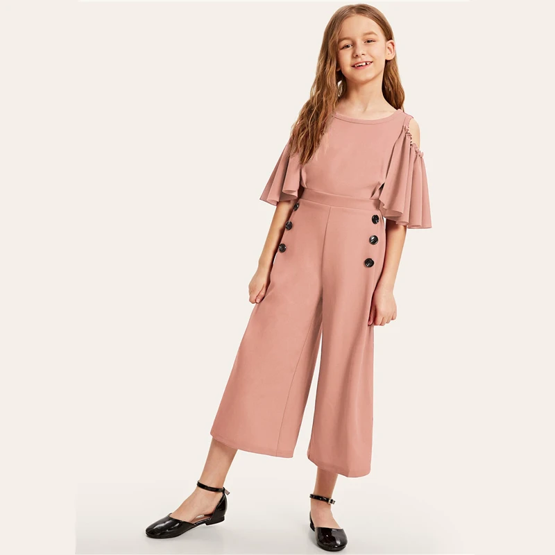 SHEIN/детский однотонный повседневный комбинезон с открытыми плечами и пуговицами сбоку для девочек; коллекция года; сезон лето; свободные длинные Комбинезоны на молнии с рукавами-воланами