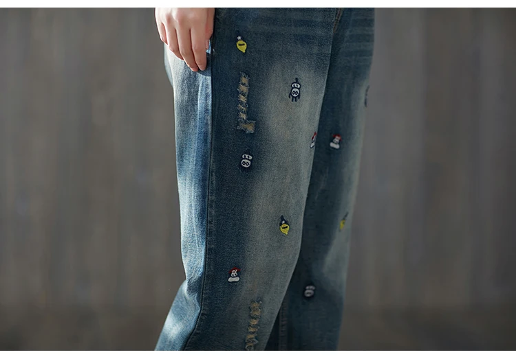 Женские ковбойские джинсы винтажные свободные с вышивкой весна осень 2019|Джинсы