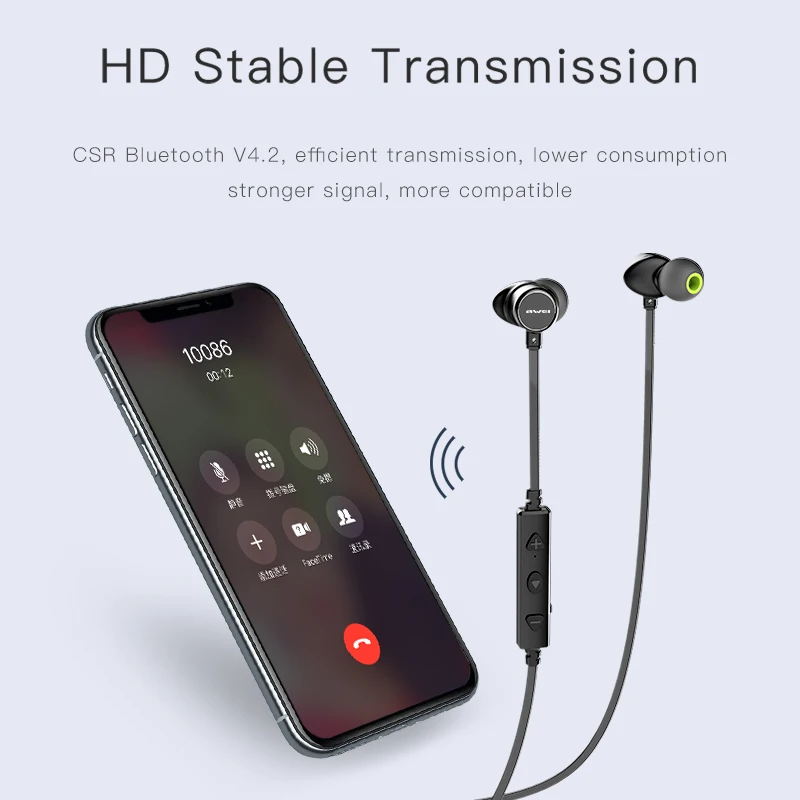 AWEI WT10 Bluetooth наушники, беспроводные наушники, гарнитура для телефона, шейные спортивные наушники CSR Bluetooth V4.2, шлем, наушник