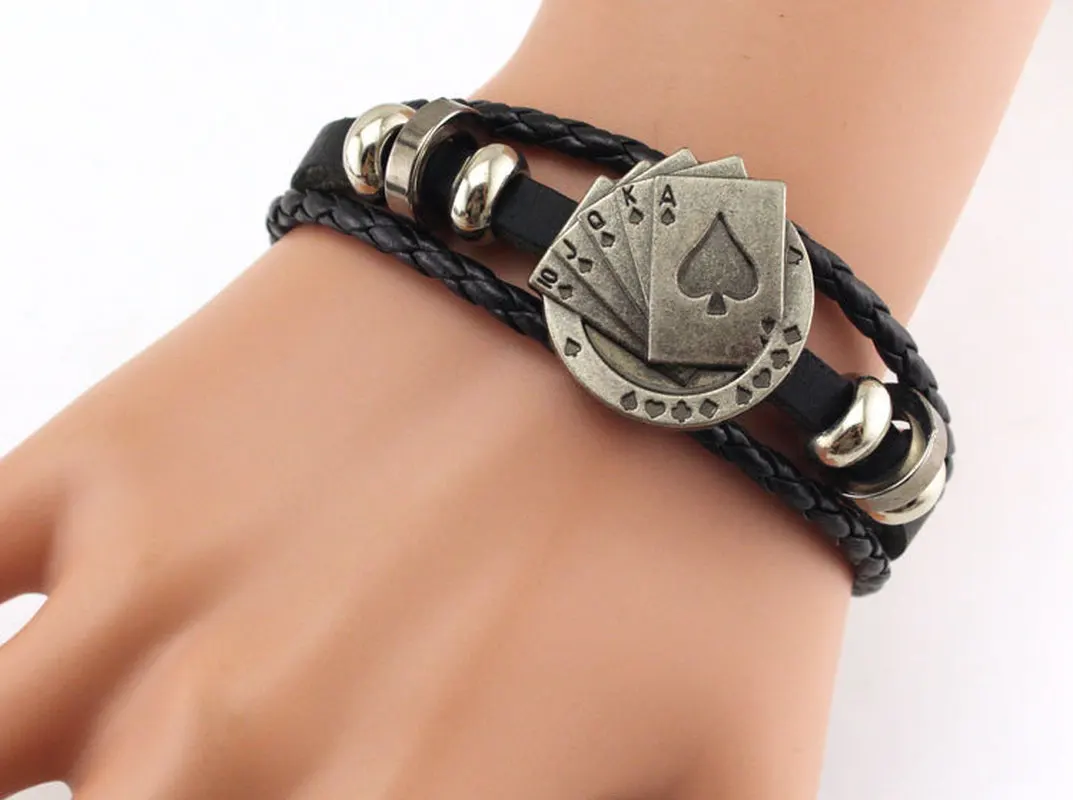 FIONTO Lucky Vintage Men's Leather Bracelet Playing Cards Raja Vegas Charm Multilayer Braided Women Pulseira Christmas Gifts | Украшения