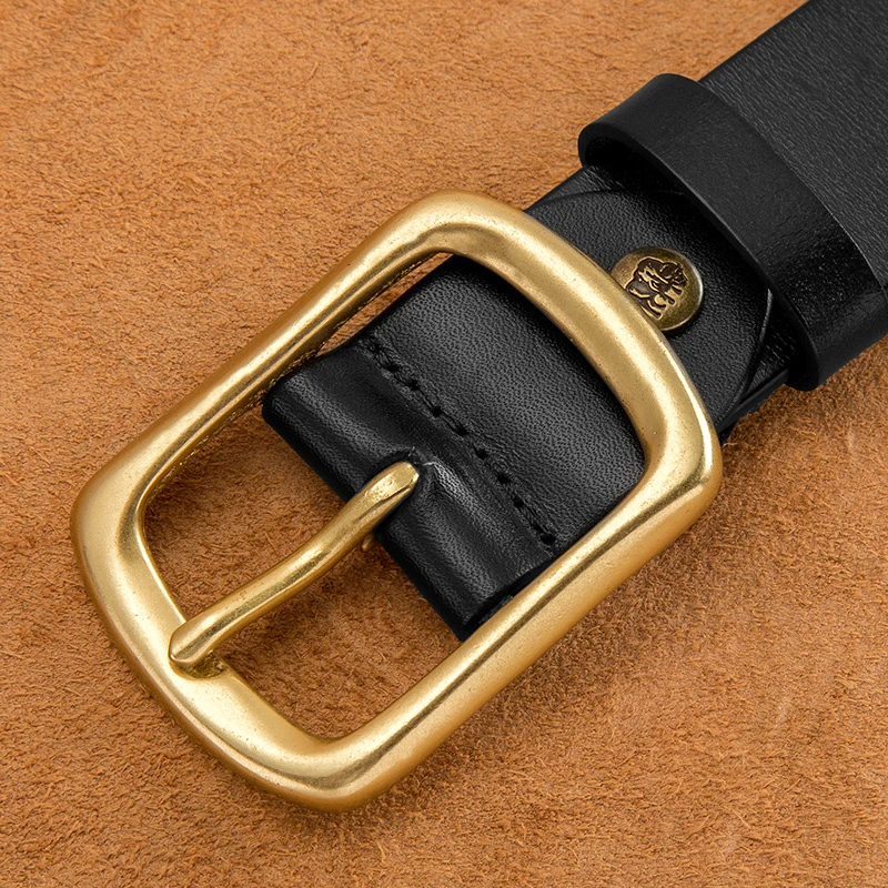 Мужской ремень из воловьей кожи BISON DENIM черный натуральной с медной пряжкой 2019 |