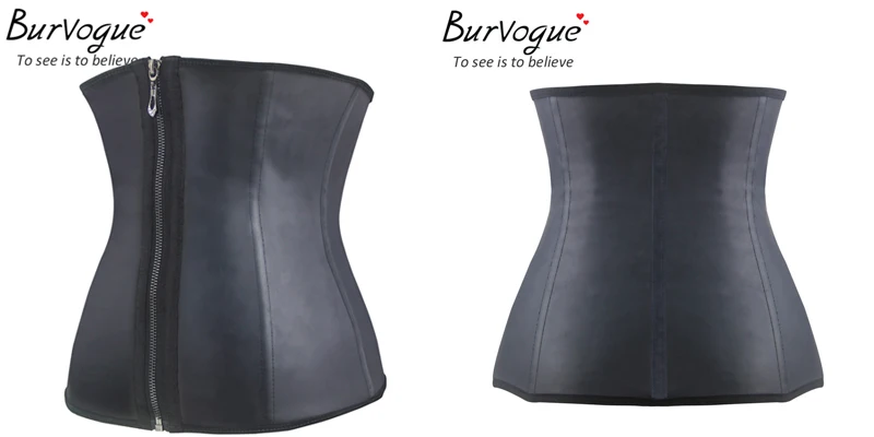 Burvogue, женские корсеты на талию, черный латексный корсет на молнии под грудью, корсет для похудения, 9 стальных костей, корректирующий корсет