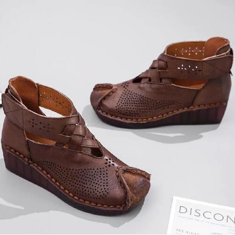 Summer Retro China Style Genuine Leather Hollow Out Sewing Square Toe Ankle Women Boots Cut Wedge Heels Lady Sandals 190508 | Обувь