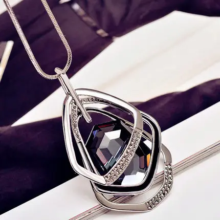silver geometry Винтажный геометрический хрустальный кулон, ожерелье, элегантные цепочки для свитера с цветами и кисточками, OL длинное ожерелье, ювелирные изделия, женские аксессуары - Окраска металла: silver geometry