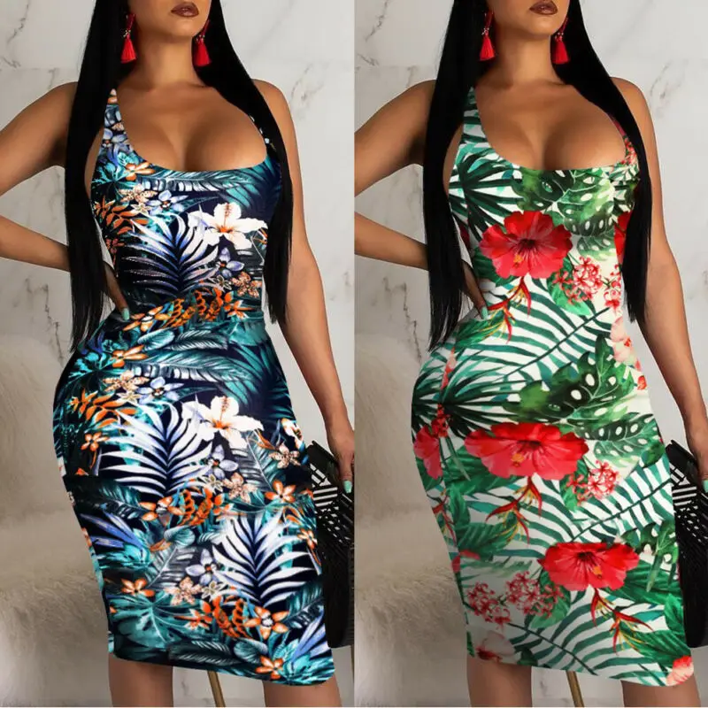 2019 Fashion Womens Ladies Sleeveless Summer Boho Printed Beach Casual Loose Sundress Tight Sexy Sling Hawaiian Dress Vestidos | Женская
